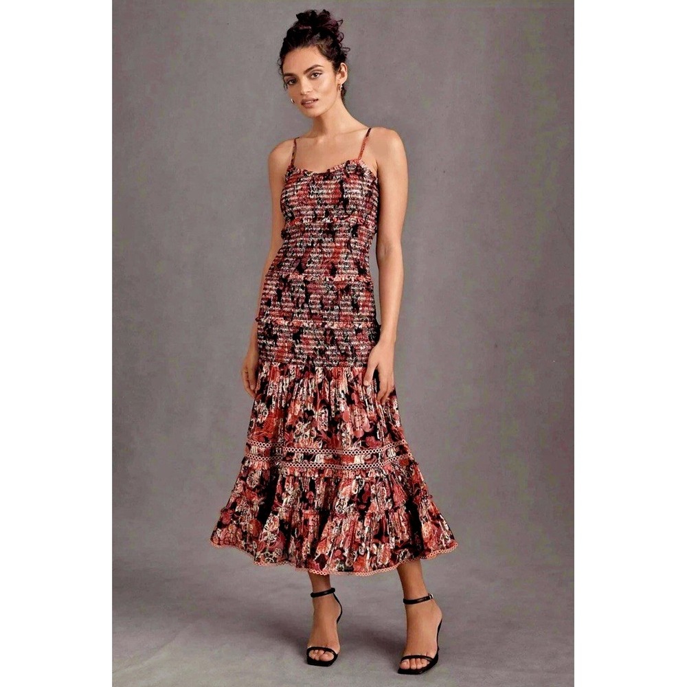 Anthropologie‎ Hemant & Nandita Wmn Size Large Floral Metallic Tiered Maxi Dress